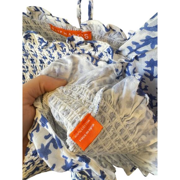 OLIPHANT Smocked Blouse Flora Blue Sz Small Square Neck Coastal Preppy $116 MSRP - Picture 4 of 8